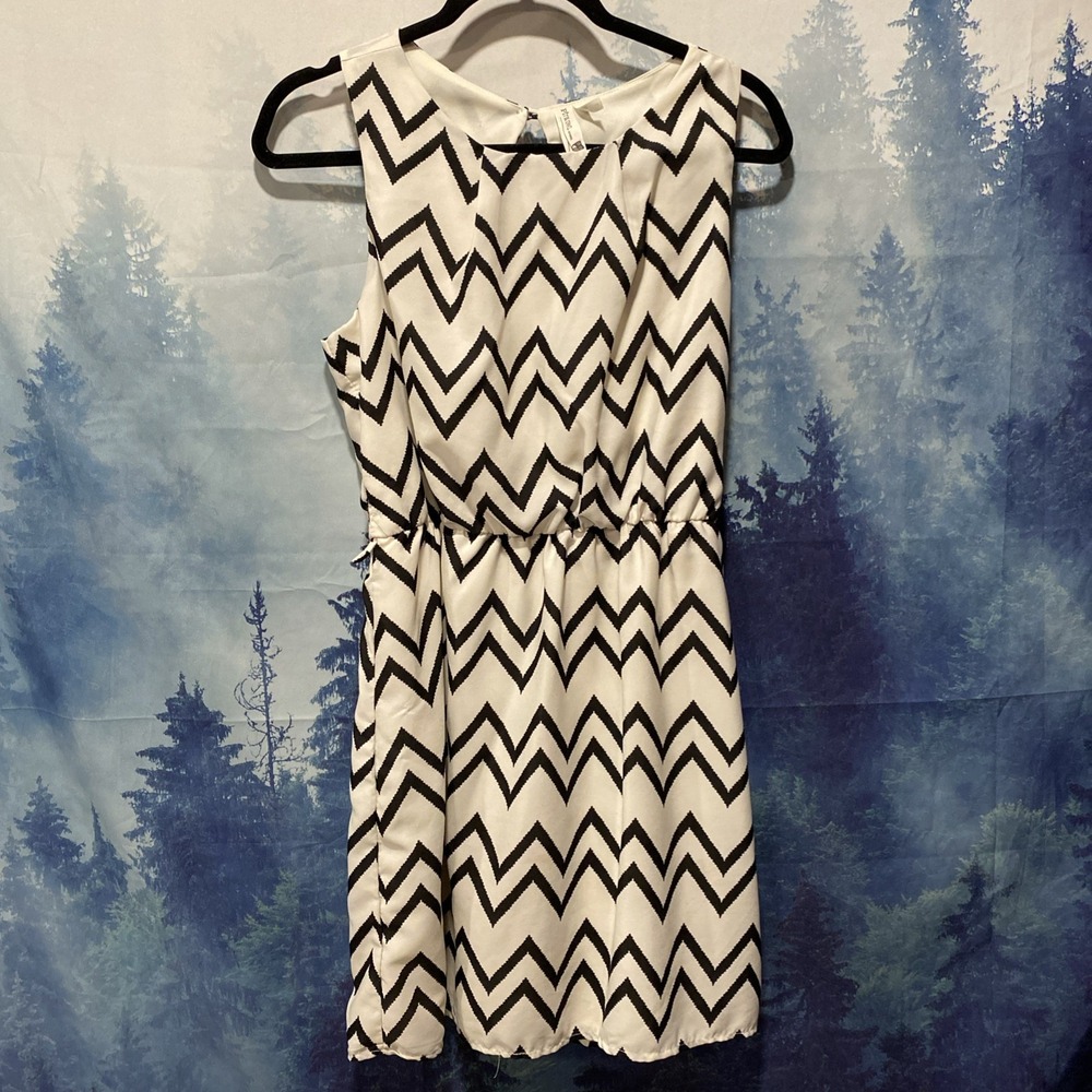 Pink Owl Chevron Print Mini Dress Size Large  Black‎ Cream